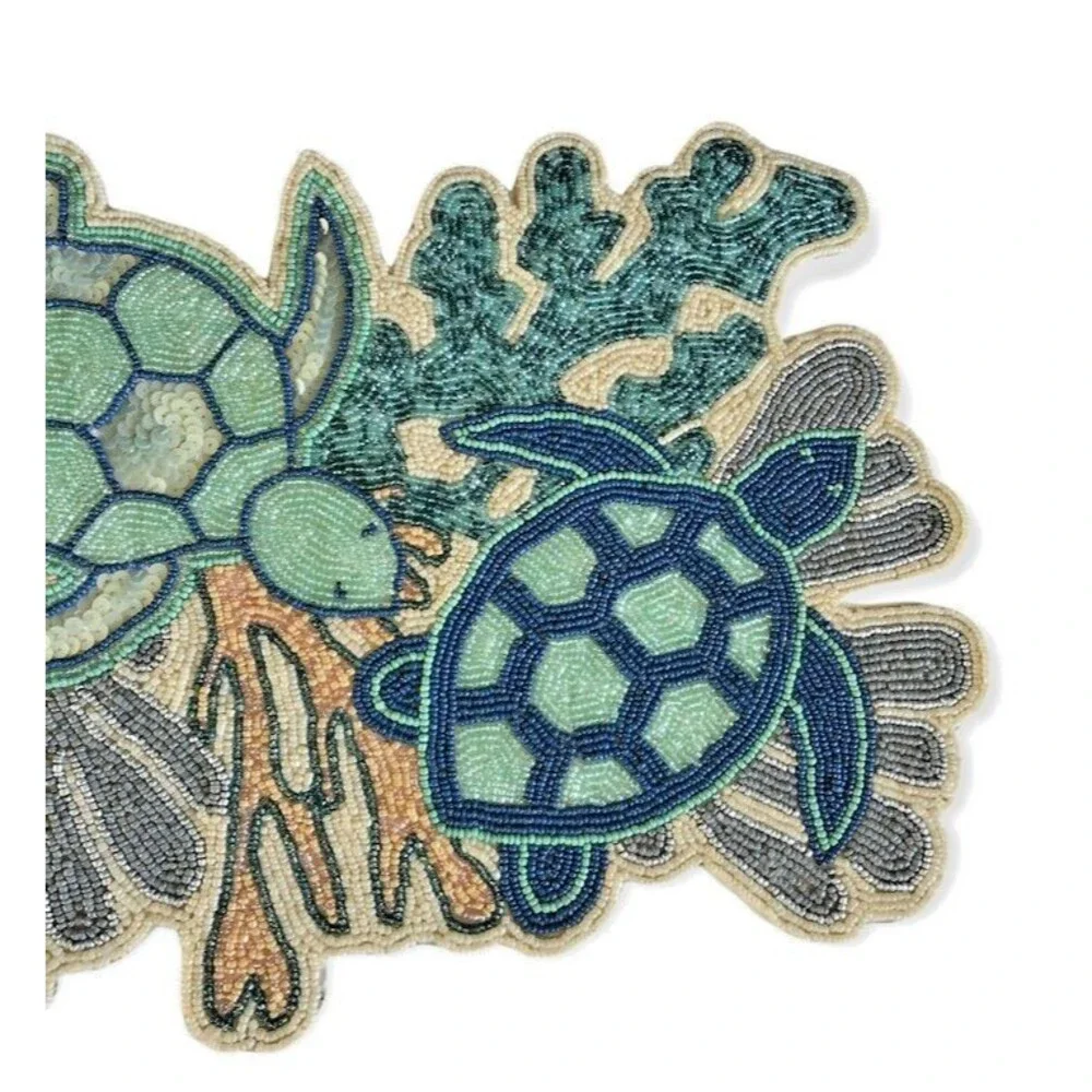 Sea Turtles Beaded Table Runner 36x14 Nautical Coral Ocean Beach Summer House